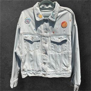 🌟☄️🪐Handmade Embroidered Space Upcycled Jean Jacket Pull & Bear Unisex Jacket M